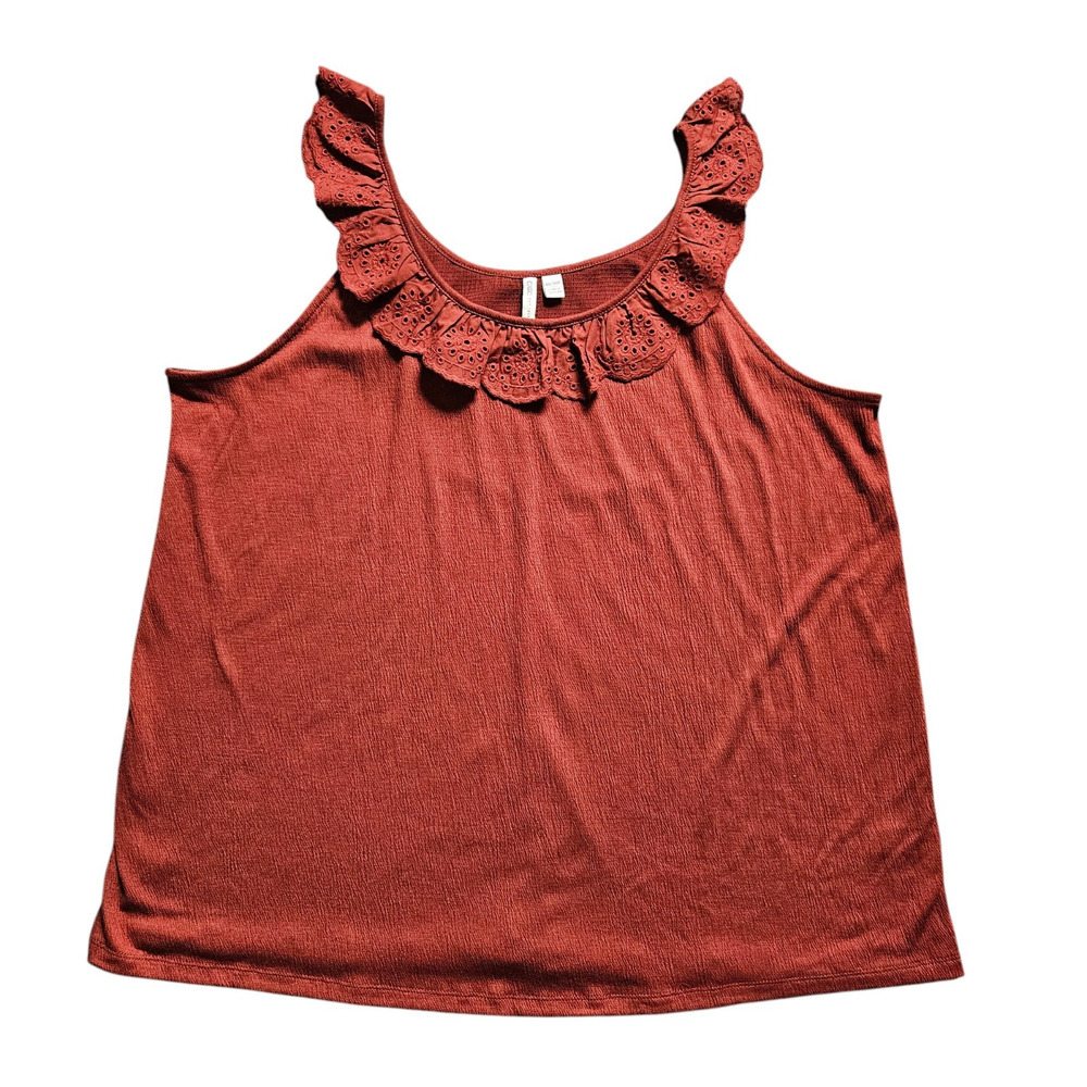Cato Womens 18/20W Brick Red Boho Eyelet Ruffle Tank Top Cottagecore Eyelet